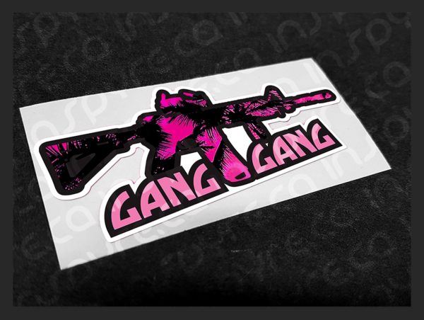 GANG GANG Decal / Vinyl Sticker, Rifle / Palm Trees | Pink 3in 6in 10in