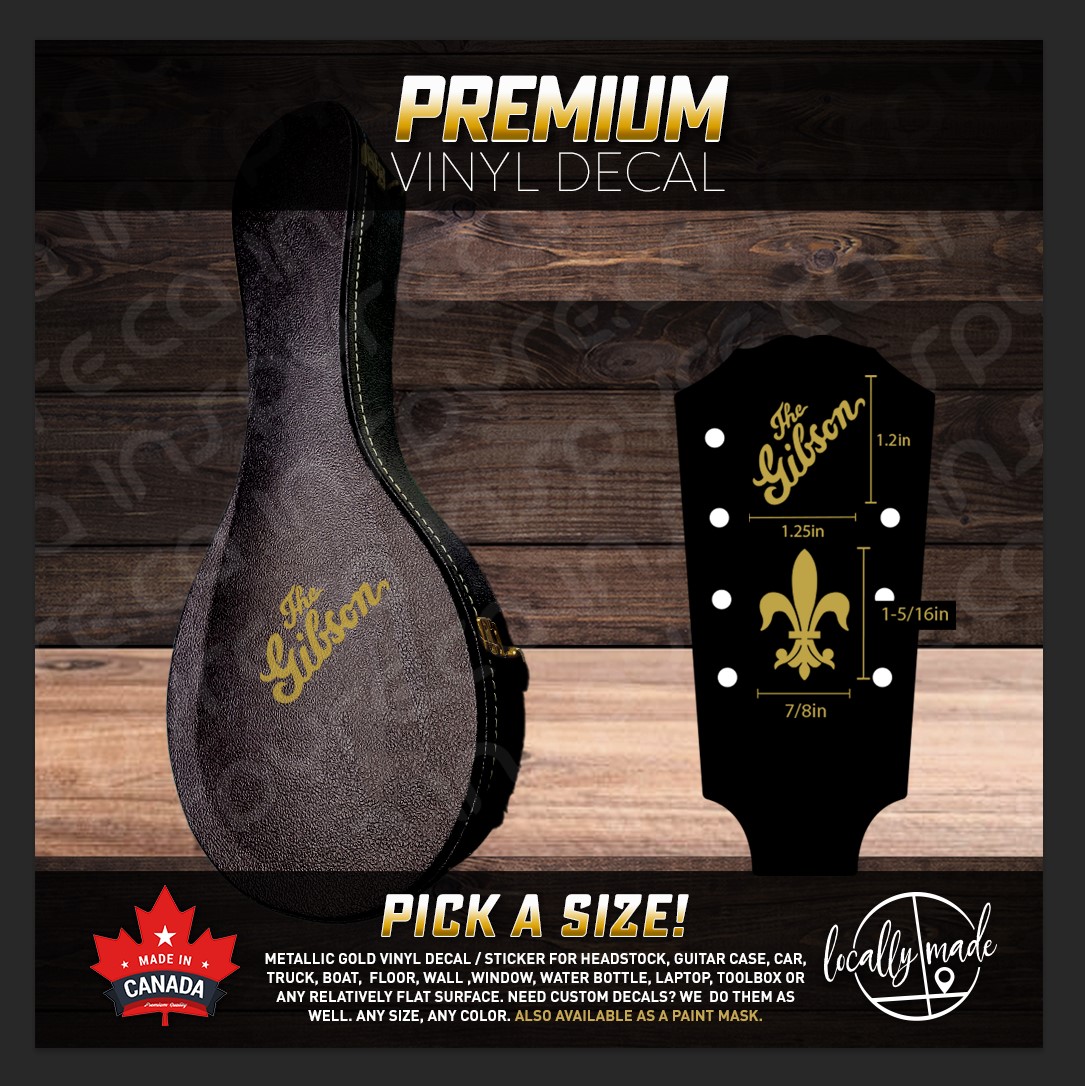 The Gibson / Fleur de Lis Gold Vinyl Decal / Sticker for Guitar / Mandolin A3 A4 1030