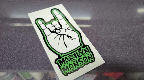 Marilyn Manson Devil Horns Rock Salute, Glossy Vinyl Decal / Sticker 6.0 x 2.8in | Rock Music, We Love Hate / We Hate Love - Image 2