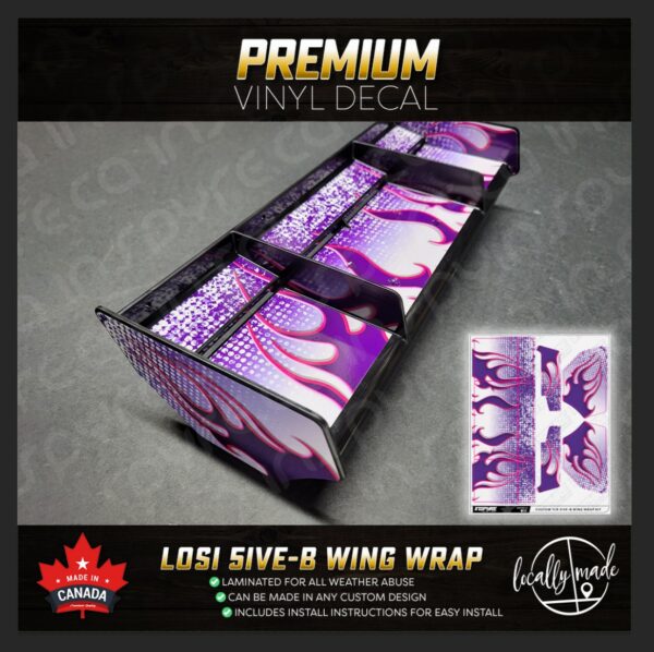 Losi TLR 5ive-B Spoiler Wing Decal / Sticker Wrap | Purple Pink Flames Dots