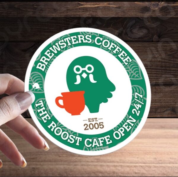Brewsters Coffee The Roost Cafe Open 24/7 • Custom Glossy Vinyl Sticker, ANY SIZE • Animal Crossing